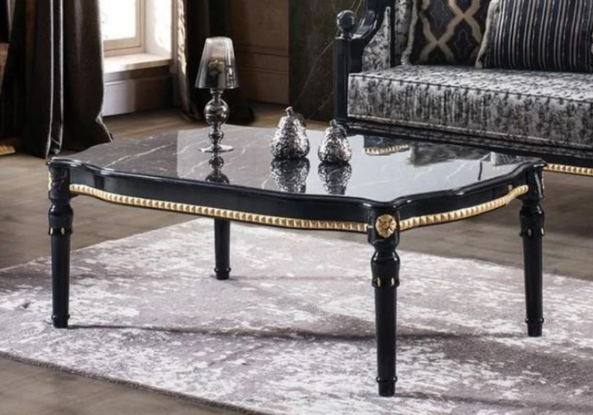 Luxury baroque living room set gray / black / gold - 2 sofas & 2 armchairs & 1 coffee table with glass top in marble look - living room furniture in baroque style - noble and magnificent