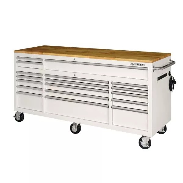 72 IN. 18-DRAWER MOBILE WORKBENCH mit SOLI WOOD TOP in GLOSS WHITE