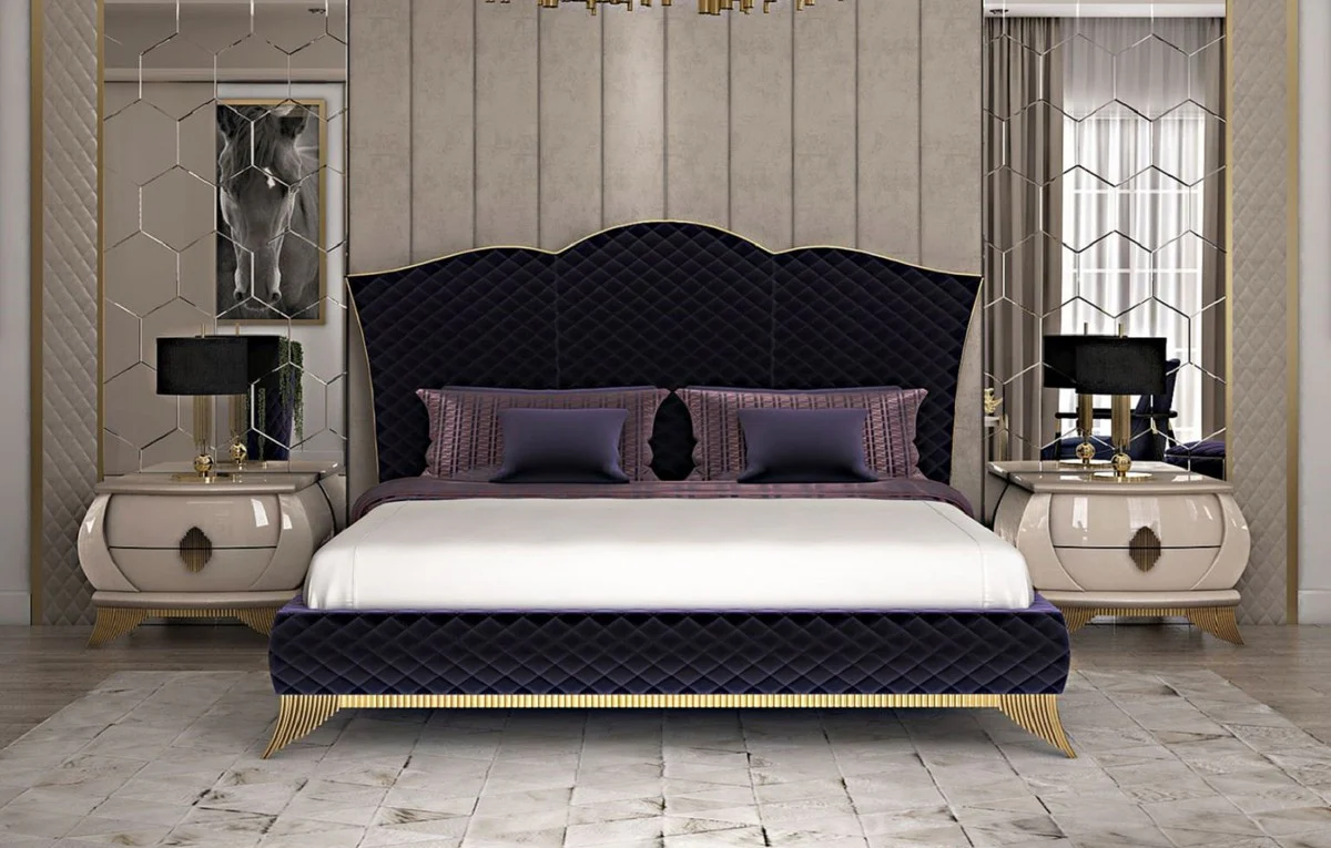 Luxury Art Deco nightstand cream / gold 75 x 50 x H. 55 cm - Elegant solid wood bedside table with 2 drawers - Art Deco bedroom & hotel furniture - Luxury collection