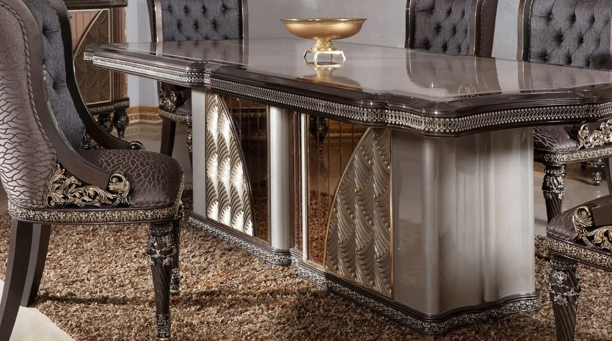 Luxury Baroque Dining Room Chair Set of 6 Blue / Gray / Dark Brown / Gold - Baroque Style Kitchen Chairs with Pattern - Luxury Dining Room Furniture in Baroque Style - Baroque Dining Room Furniture