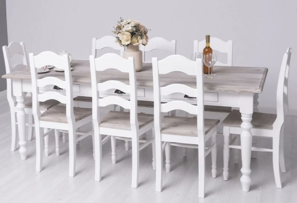 Country house style dining chairs set of 8 white / natural colors 44 x 44 x H. 102 cm - Solid wood dining room chairs in country house style - Solid wood dining room furniture - Country house style dining room furniture