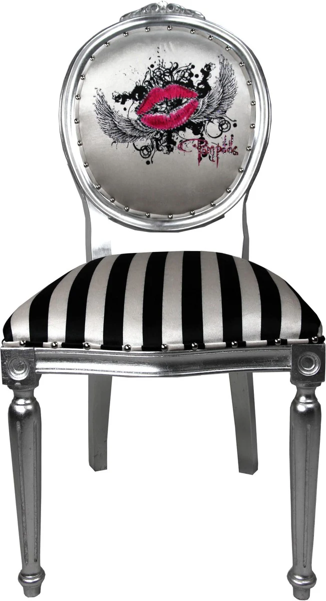 Pompöös by Luxury Baroque Dining Room Chair Black / White Stripes / Silver - Pink Lips - Pompööser Baroque Chair designed by Harald Glööckler