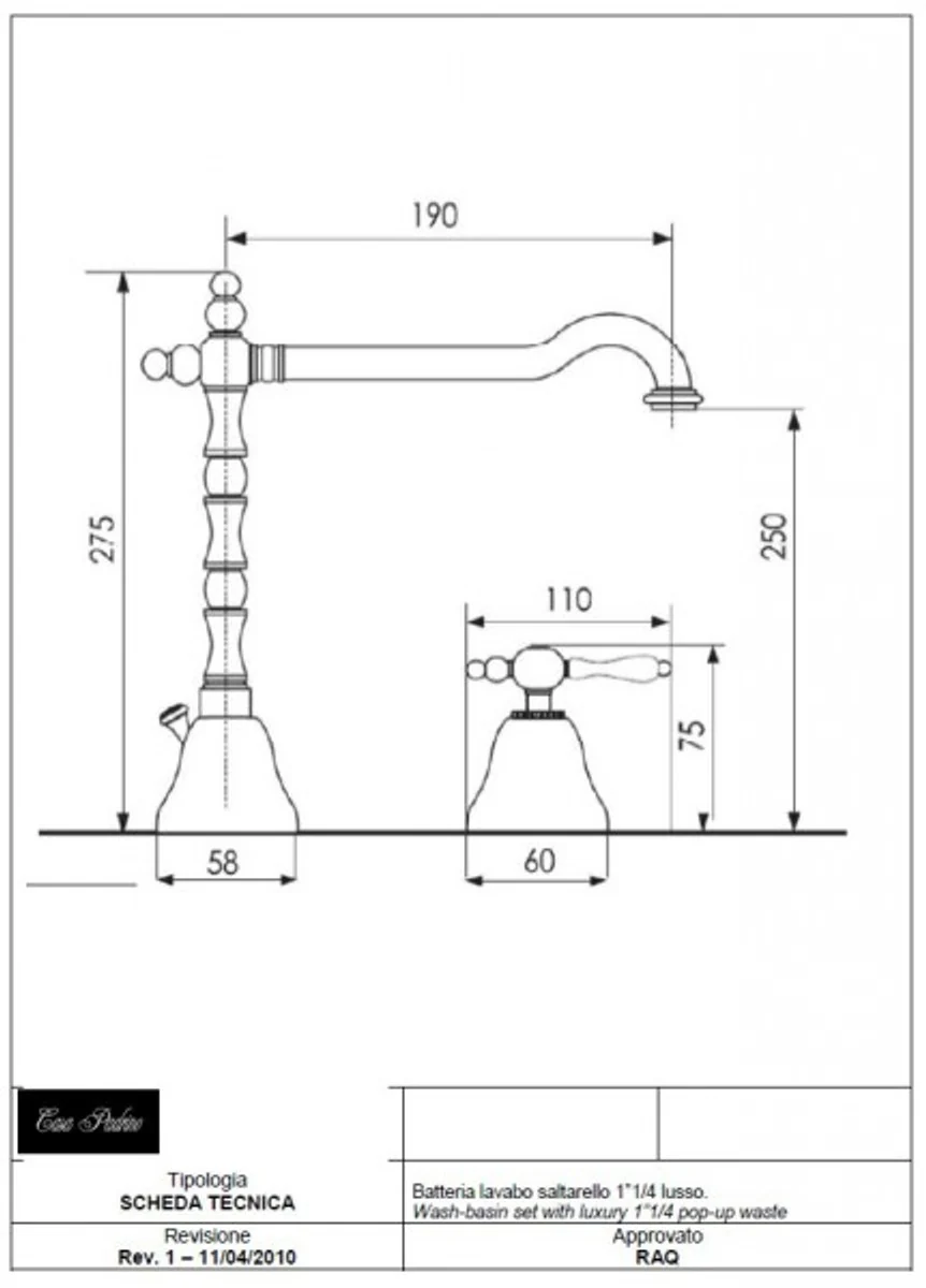 Luxury bathroom accessories - Art Nouveau retro washbasin tap three-hole mixer old gold / bronze series Milano - Made in Italy