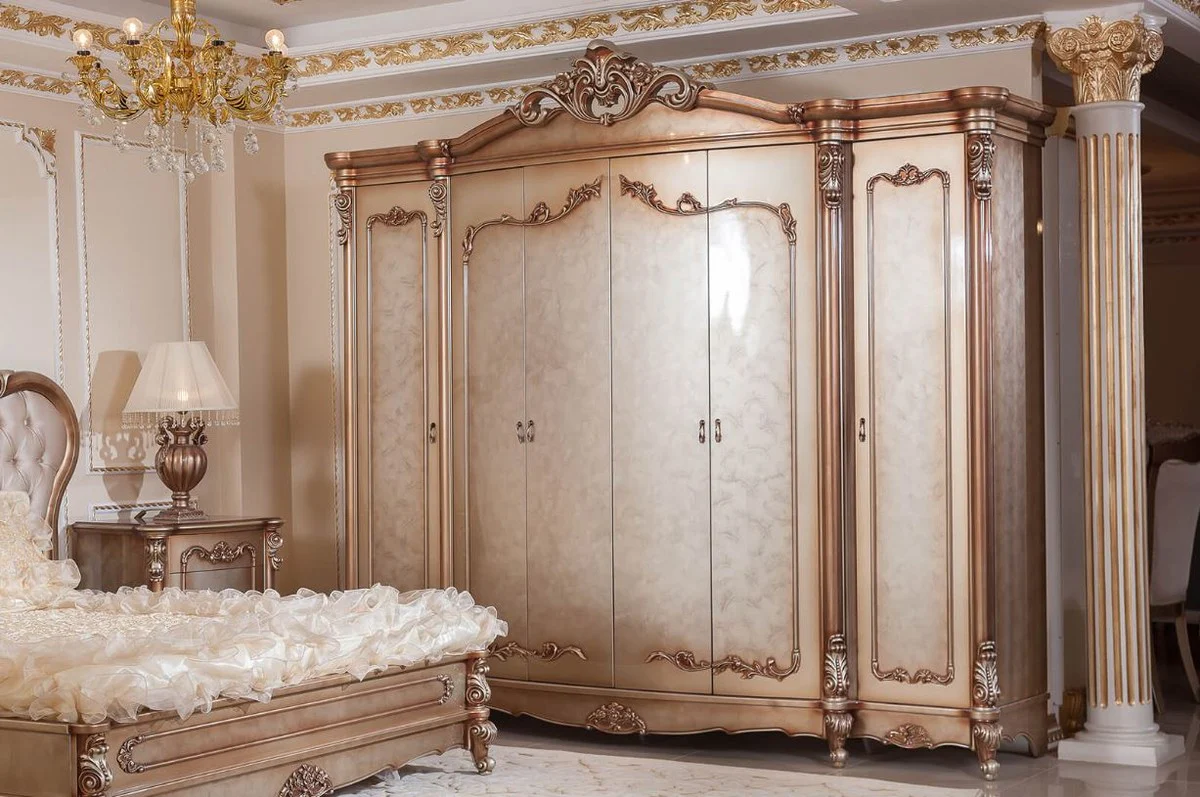 Luxury Baroque bedroom wardrobe copper colored / silver - magnificent solid wood wardrobe with 6 doors - Baroque bedroom & hotel furniture - noble & magnificent