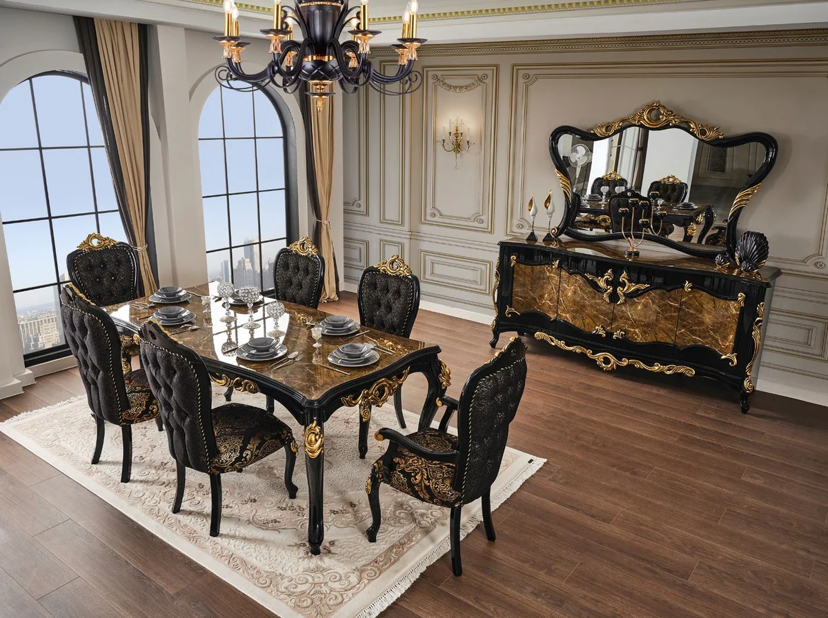 Luxury baroque dining table brown / black / gold 210 x 100 x H. 82 cm - Magnificent solid wood dining room table with table top in marble look - Baroque dining room furniture