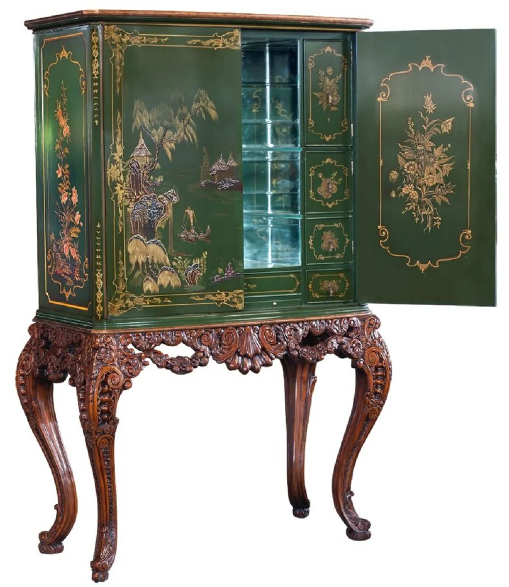 Luxury baroque bar cabinet green / brown / multicolored / gold - magnificent solid wood cabinet with LED lighting - baroque living room furniture - baroque bar furniture - baroque hotel furniture
