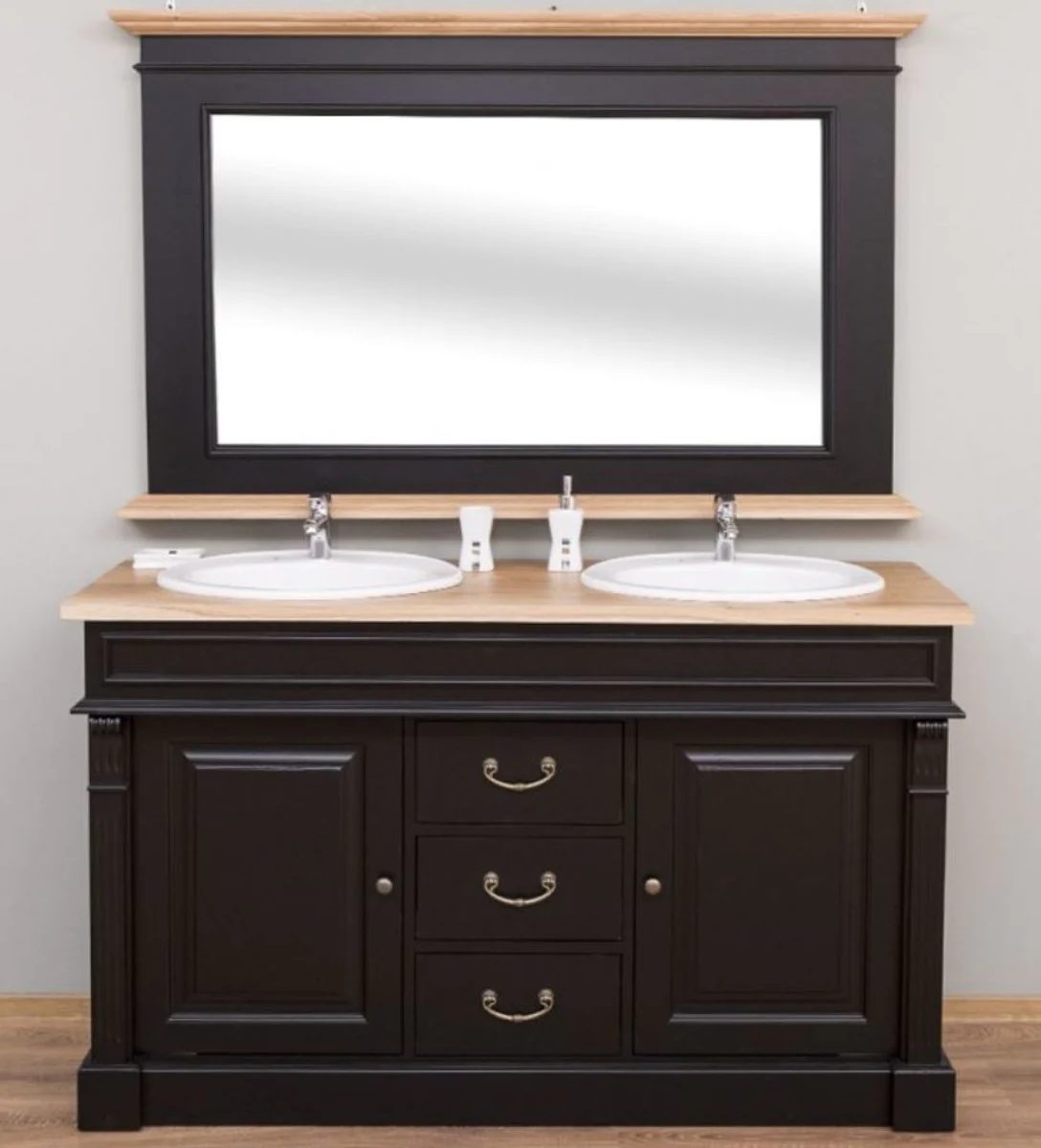 Country house style bathroom set black / natural colors - 1 double washbasin & 1 wall mirror - solid wood bathroom furniture in country house style