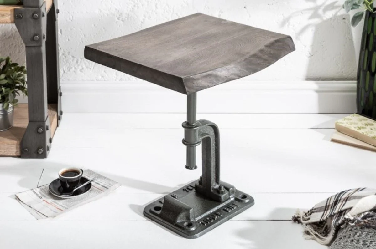 Industrial design side table gray 43 x 35 x H. 46 cm - industrial style metal table with solid wood table top - industrial design furniture