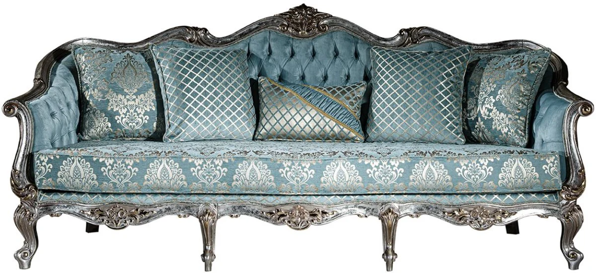 Luxury baroque living room set light blue / silver - 2 sofas & 2 armchairs & 1 coffee table - magnificent living room furniture in baroque style