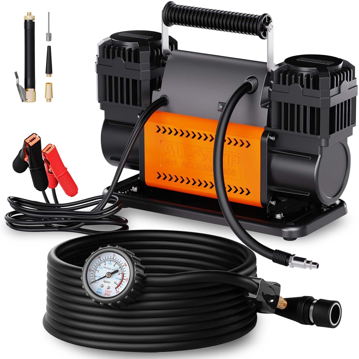 Air compressor kit, dual cylinder, 12-volt portable inflator, 12.35 cubic feet per minute, suitable for truck tires for off-road use, heavy-duty Max 150 pounds per square inch, suitable for four-wheel drive vehicles and campers.
