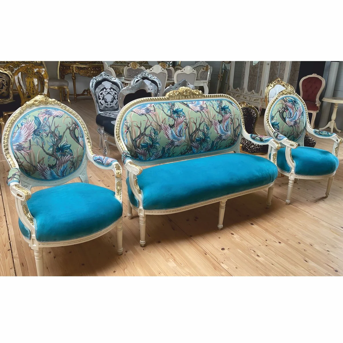 Baroque 2 seater sofa blue / colorful / white / gold 150 cm - Baroque furniture