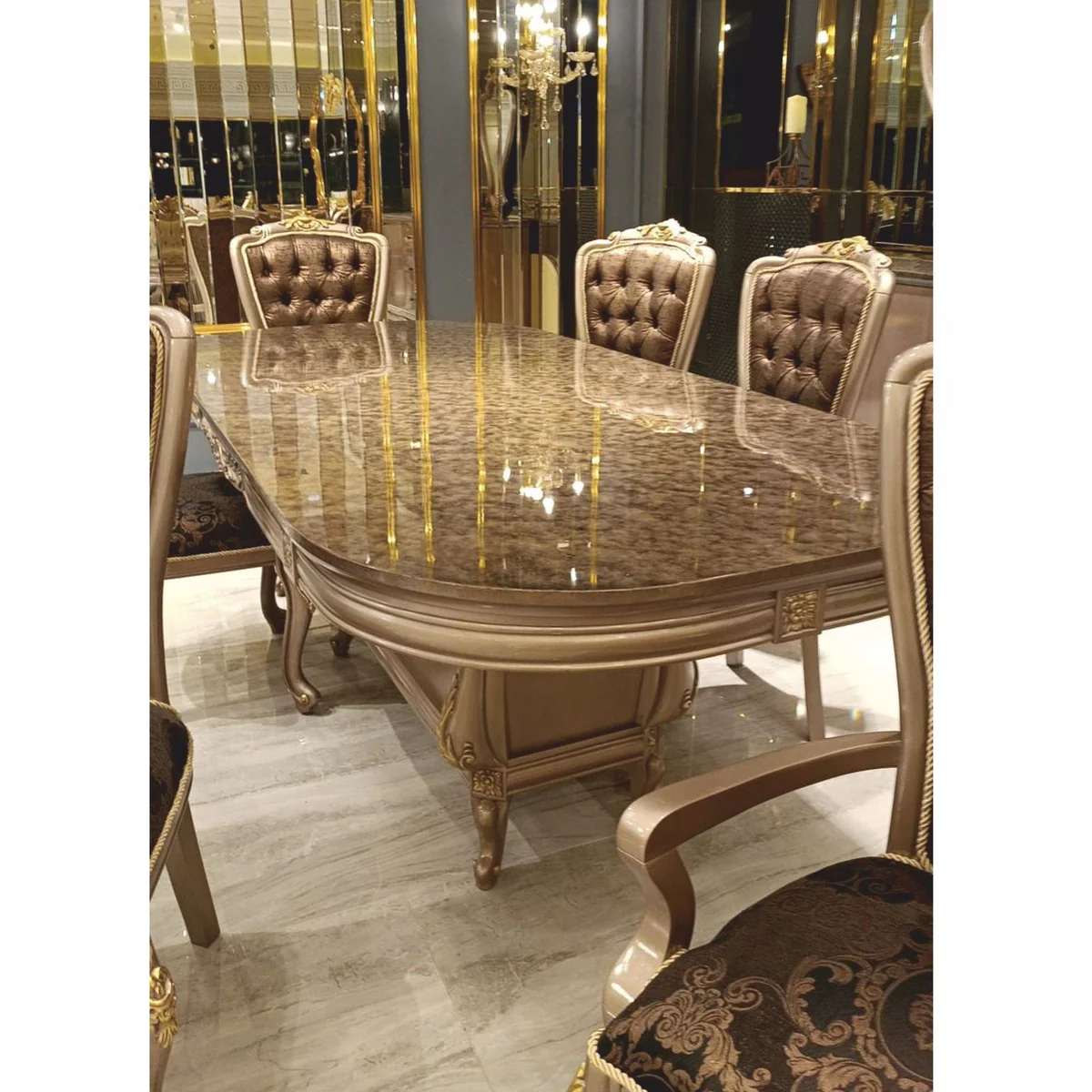 Luxury Baroque Dining Room Set Gray / Black / Gold - 1 Dining Table & 6 Chairs