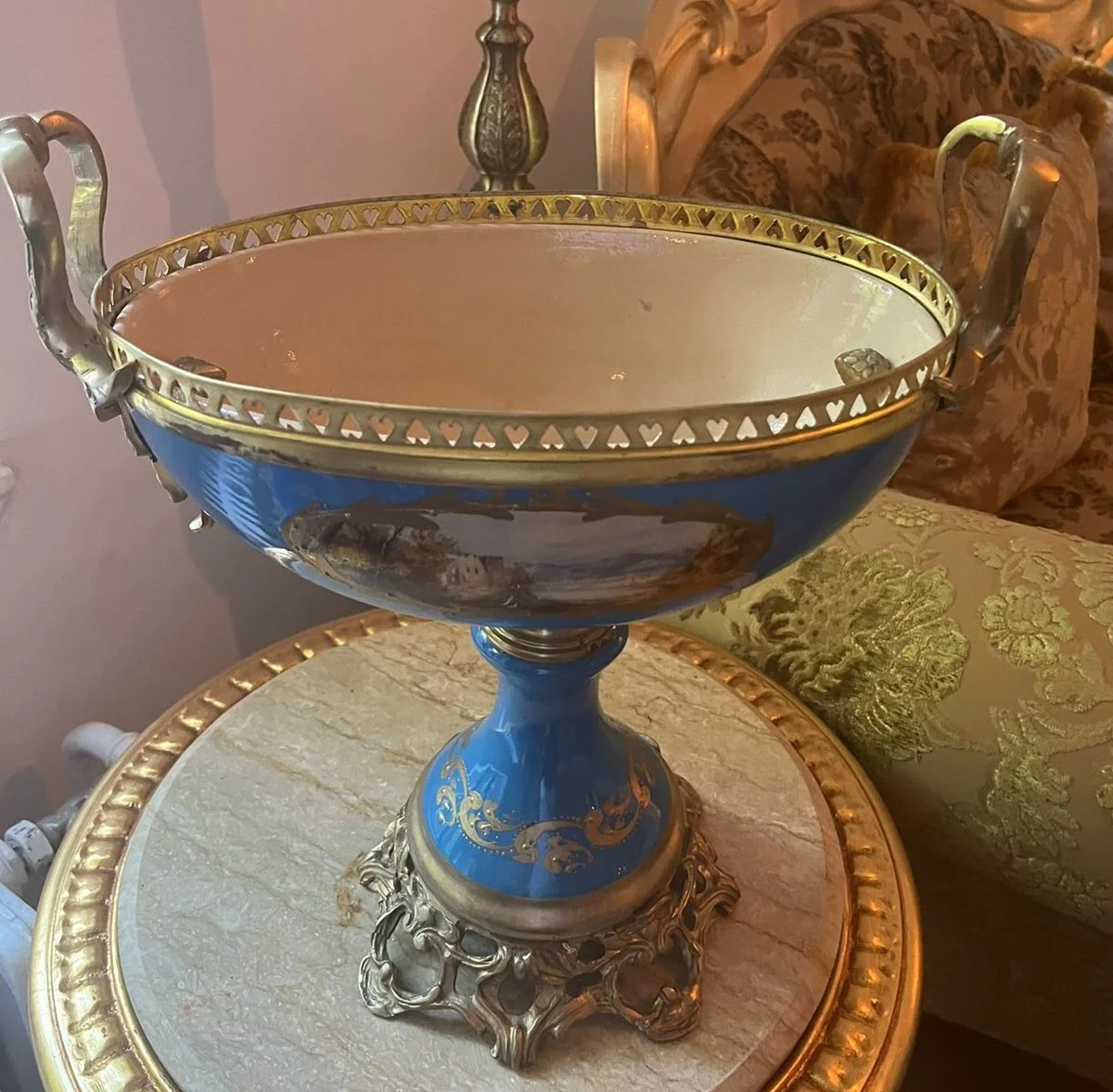 Art Nouveau porcelain bowl blue / colorful / brass H. 40 cm