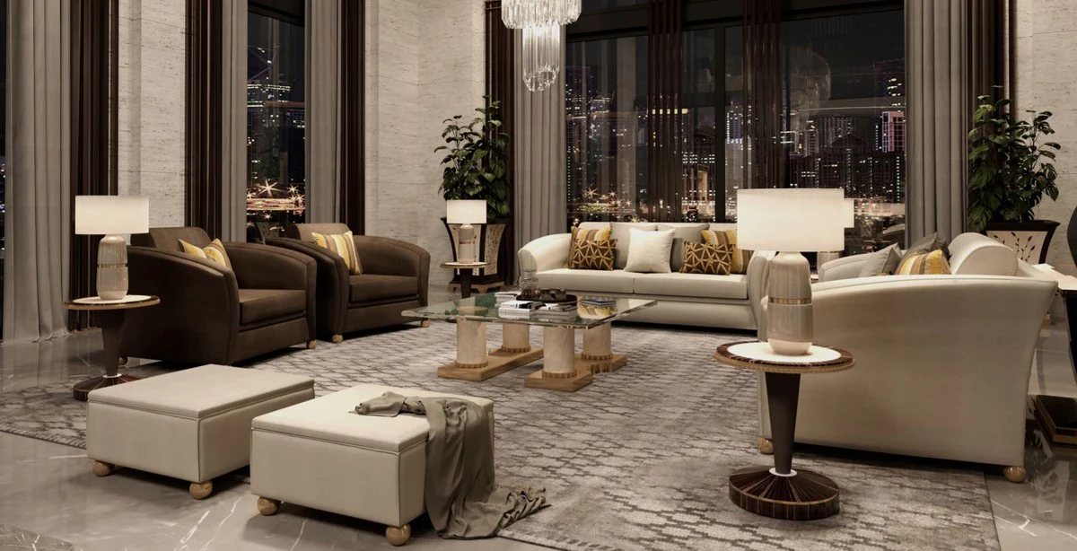 Luxury designer coffee table cream / bronze 130 x 130 x H. 45 cm - Handmade living room table with glass top - Luxury hotel furniture - Made in Italy