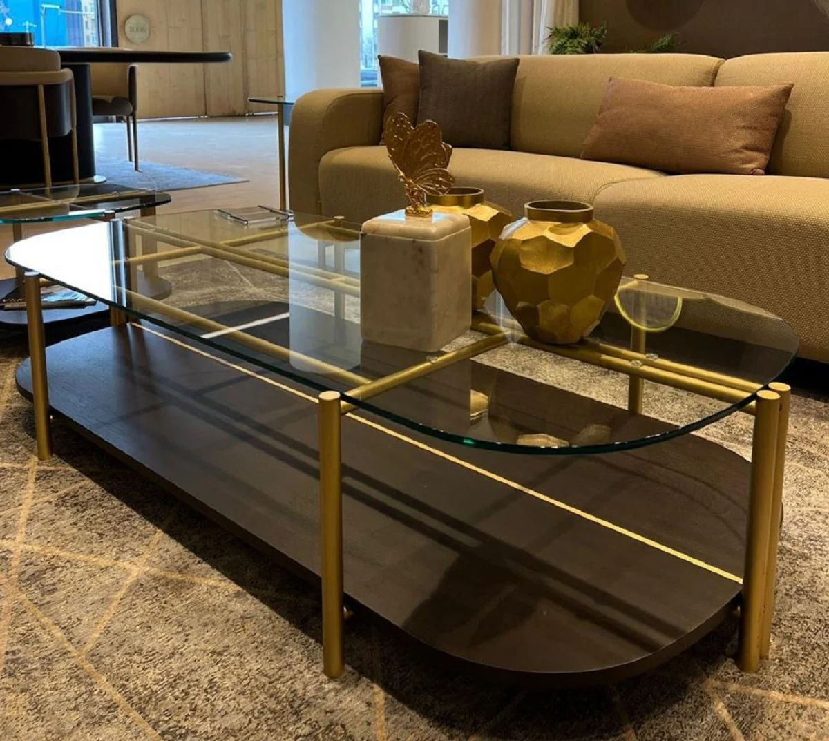 Luxury coffee table dark brown / brass 155 x 75 x H. 35 cm - Living room table with glass top - Living room furniture - Hotel furniture - Luxury furniture - Luxury furnishings