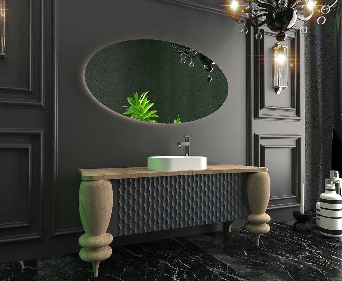Luxury bathroom set natural colors / gray / white - 1 vanity unit with 2 doors and 1 sink and 1 LED wall mirror - luxury bathroom furniture