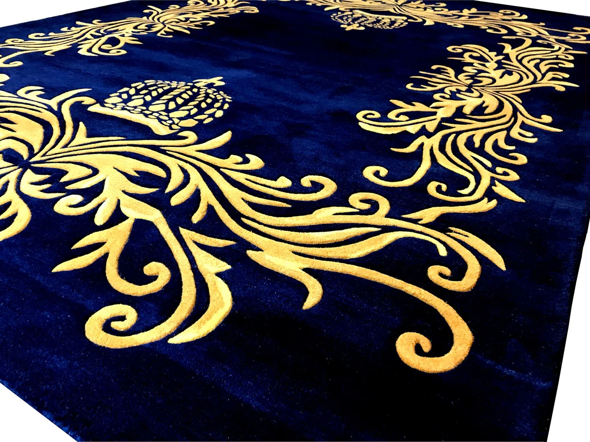 Pompöös by luxury carpet by Harald Glööckler 200 x 290 cm crown royal blue / gold - baroque design carpet - hand-woven from wool