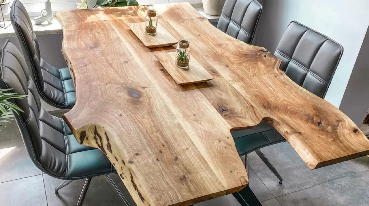 Luxury dining table natural colors / black 200 x 90 x H. 76 cm - Kitchen table with rustic solid wood table top - Rustic dining room furniture - Luxury dining room furniture